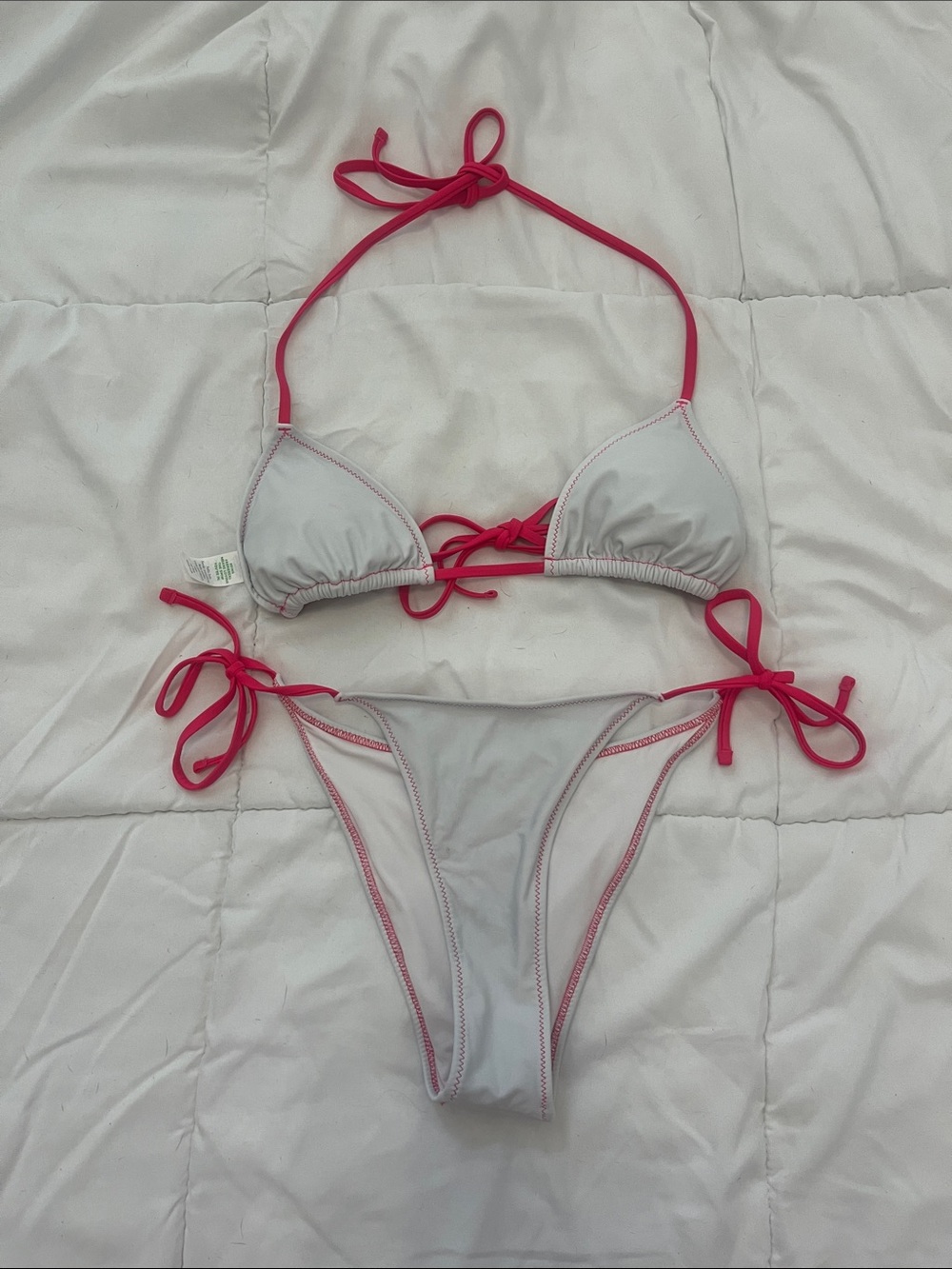 White Bikini with Hot Pink Trim Tie-Side Two-Piece
